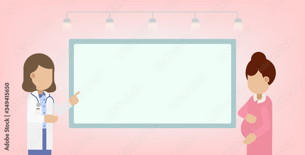 Pregnancy care for pregnant woman with blank whiteboard flat design vector illustration