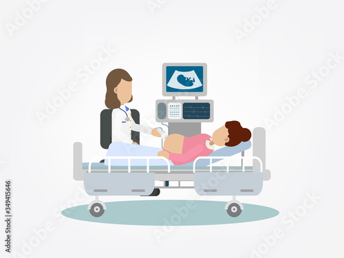 Gynecologist do ultrasound pregnant woman flat design vector illustration