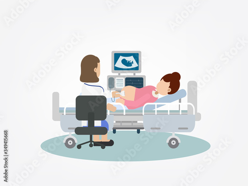 Gynecologist do ultrasound pregnant woman flat design vector illustration