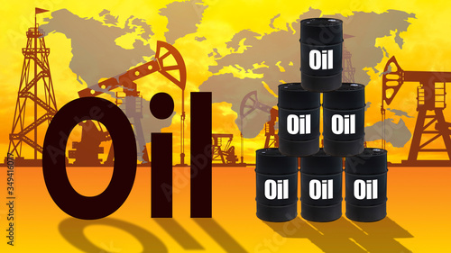 Oil. Barrels of oil stand in form of a pyramid. Concept - situation with the oil in the world. Towers and pumps for oil production. Drilling towers on the horizon. Concept - petroleum exports. OPEC.