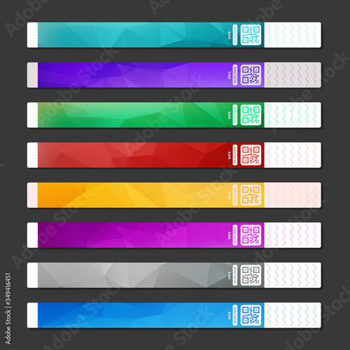 Entrance bracelet at concert zone, performing party, dancing club, music festivals, private areas, hospitals and health centers. Design template of access to event for party. Vector illustration.