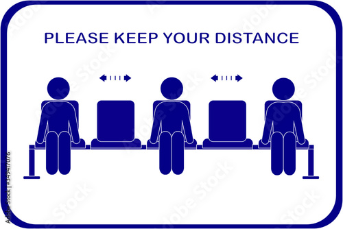 keep distance, social distancing sign when sitting in a chair, clip art blue