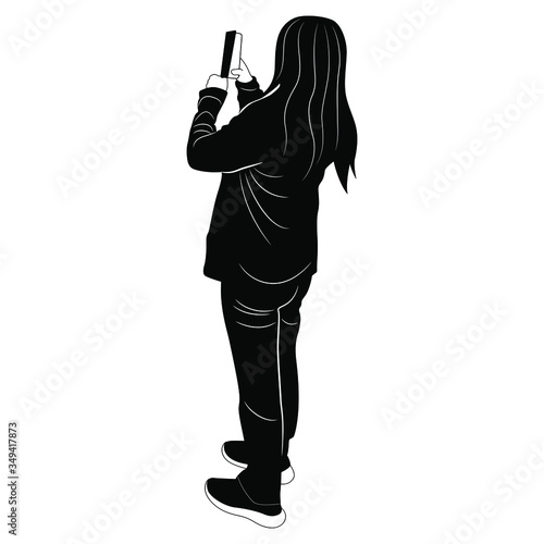 Isolated vector illustration. Standing young woman from back in casual clothes with cellphone. Girl with long loose hair taking picture. Black and white silhouette.