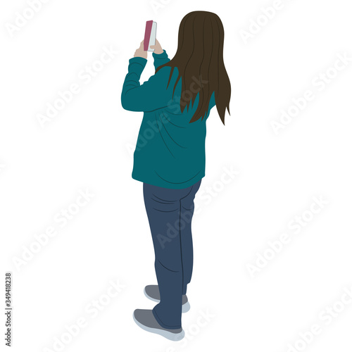 Isolated vector illustration. Standing young woman from back in casual clothes with cellphone. Girl with long loose hair taking picture.