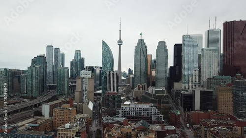 Cinematic Aerial View of Toronto Canada Downtown. Towers, Skyscrapers and Street Traffic in Business Center photo