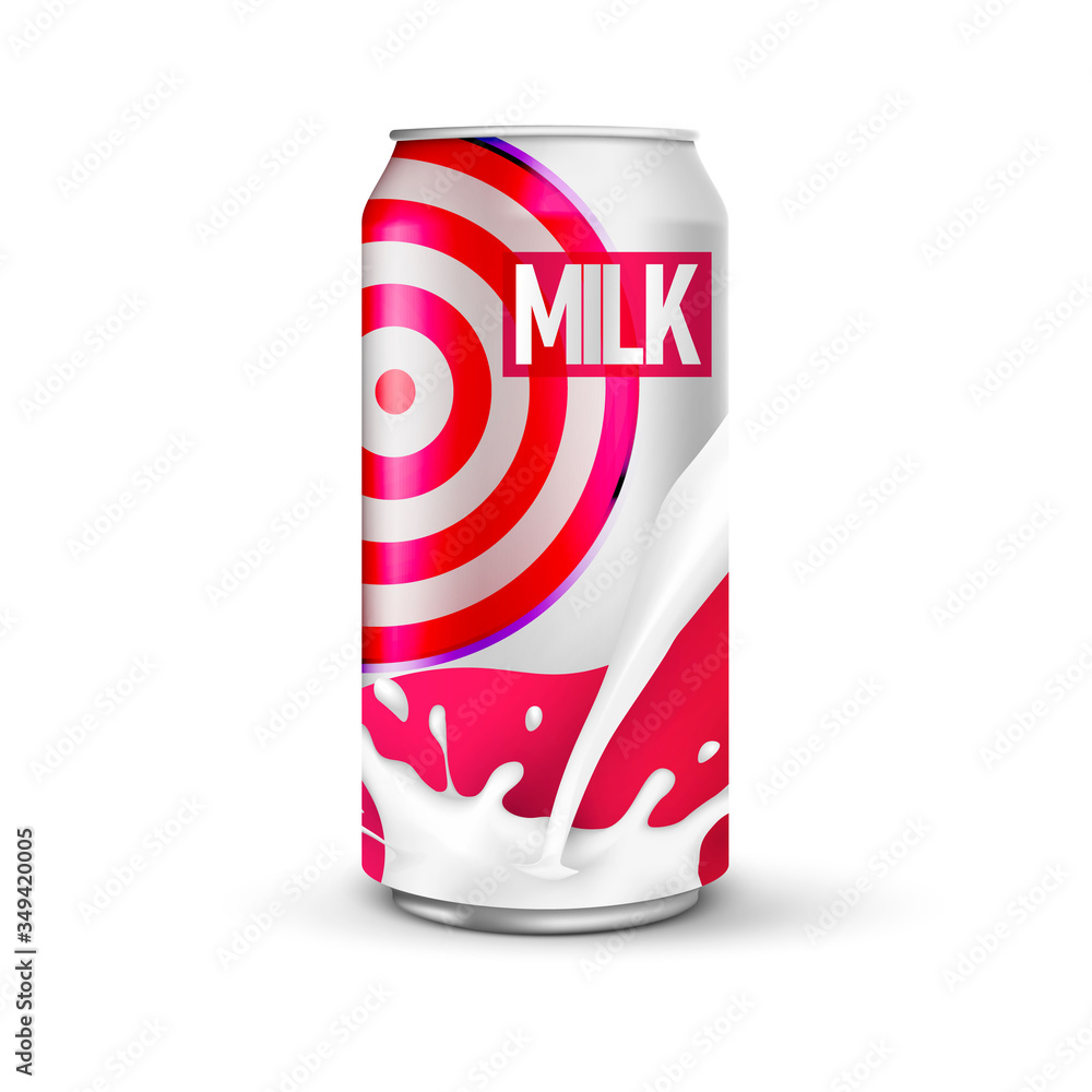 milk packaging concept isolated on white background, red color scheme. Milk container concept, aluminium can with milk milk packaging concept isolated on white background, red color scheme. Milk container concept, aluminium can with milk