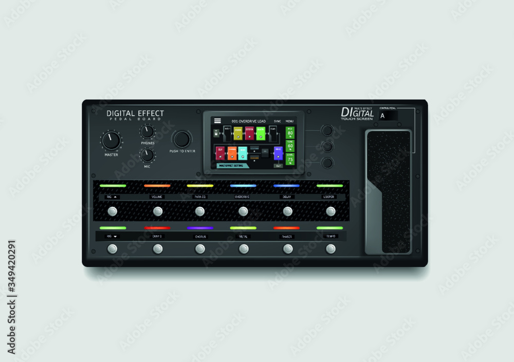Realistic Pedal board Multi effect guitar vector design isolated background. Realistic Pedal board Multi effect guitar vector design isolated background.