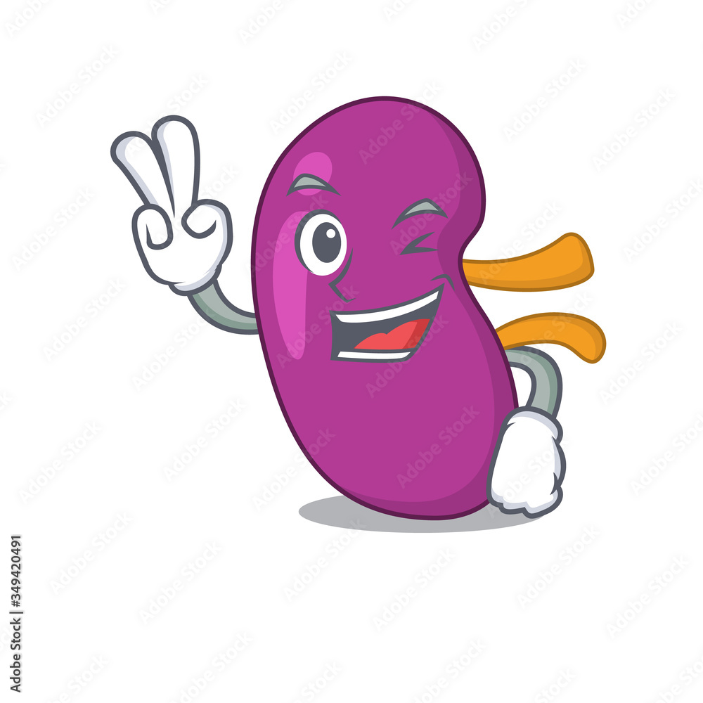 Happy kidney cartoon design concept show two fingers Happy kidney cartoon design concept show two fingers