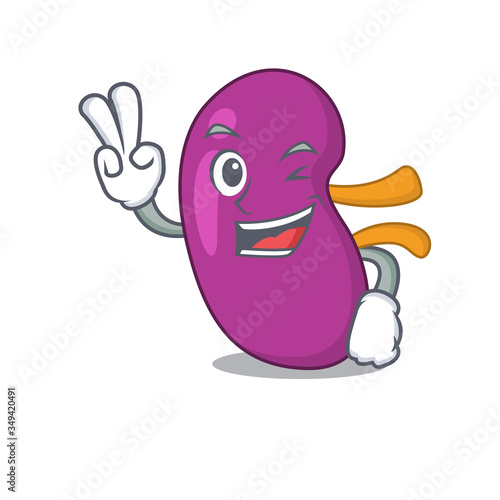 Happy kidney cartoon design concept show two fingers