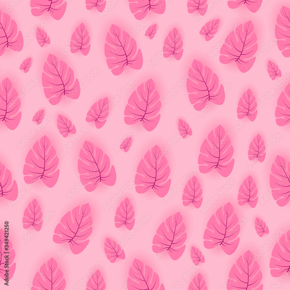 Seamless pattern with Tropical leaves on pink background, flat lay, Summer Styled. minimal concept.