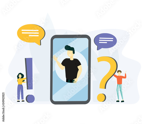 People Characters Standing near Exclamations and Question Marks. Woman and Man Ask Questions and receive Answers. Online Support center..