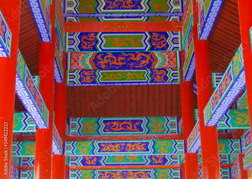 Interior of Chinese temple pavilion symmetric architecture