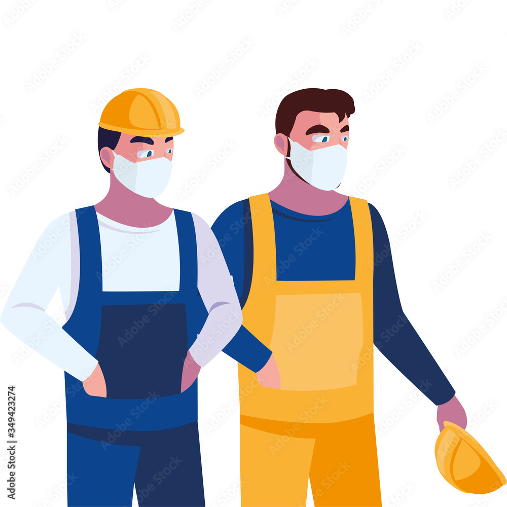 men operators with masks and reflective vests men operators with masks and reflective vests