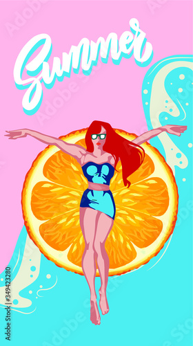 funny; cocktail; ocean; outdoor; watermelon; character; cute; poster; retro; card; vintage; fun; party; inflatable; blue; sun; summertime; tropical; lifestyle; banner; illustration; beach; people; rel