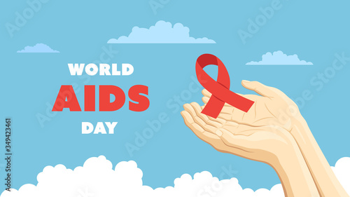 Detailed flat vector illustration of two hands holding a red ribbon representing the world AIDS day. Feel free to use only parts of the illustration too.