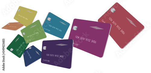 Nine credit card or debit cards in the colors of the spectrum float above a white background in this vector illustration.