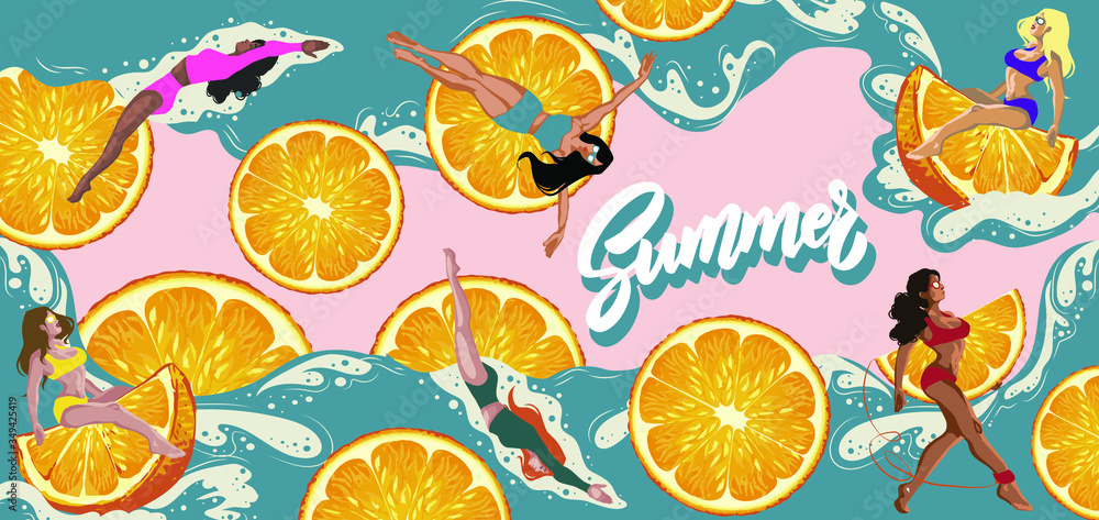 Illustration of a pool party with girls of different ethnic groups, African, Asian and European, orange mood, Citrus slices, dark-skinned and fair-skinned women, blonde brunettes, banner for a club’s 