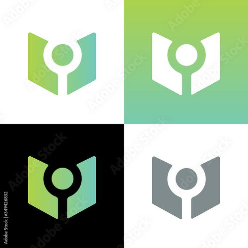 Book review logo template, luv and book icon, open book and magnify glass symbol - Vector