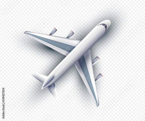 Vector 3d realistic airliner with high detailed objects, top view. Realistic plane isolated with transparent shadows, top view