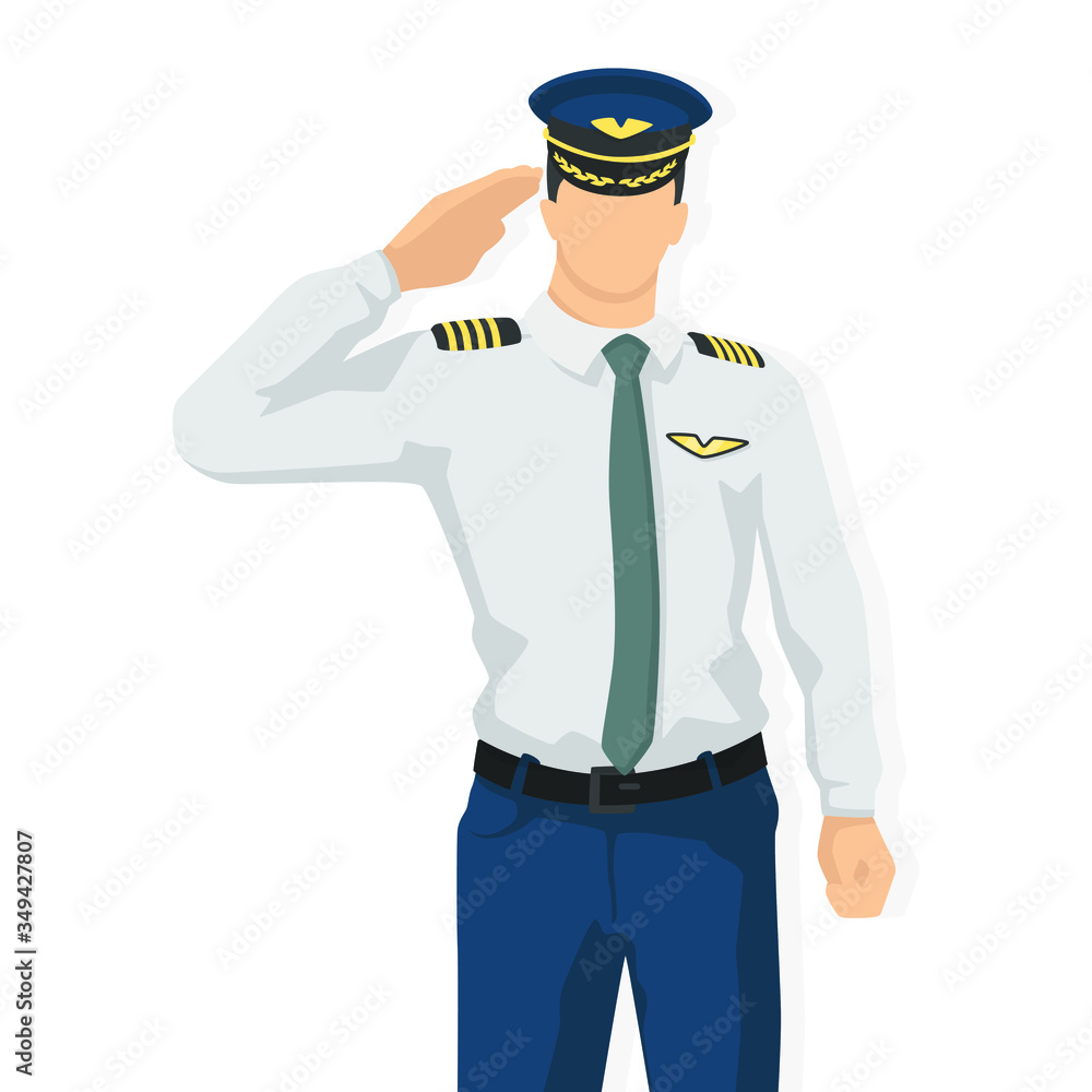 Airplane pilot in modern style vector illustration, man simple flat shadow isolated on white background, captain.