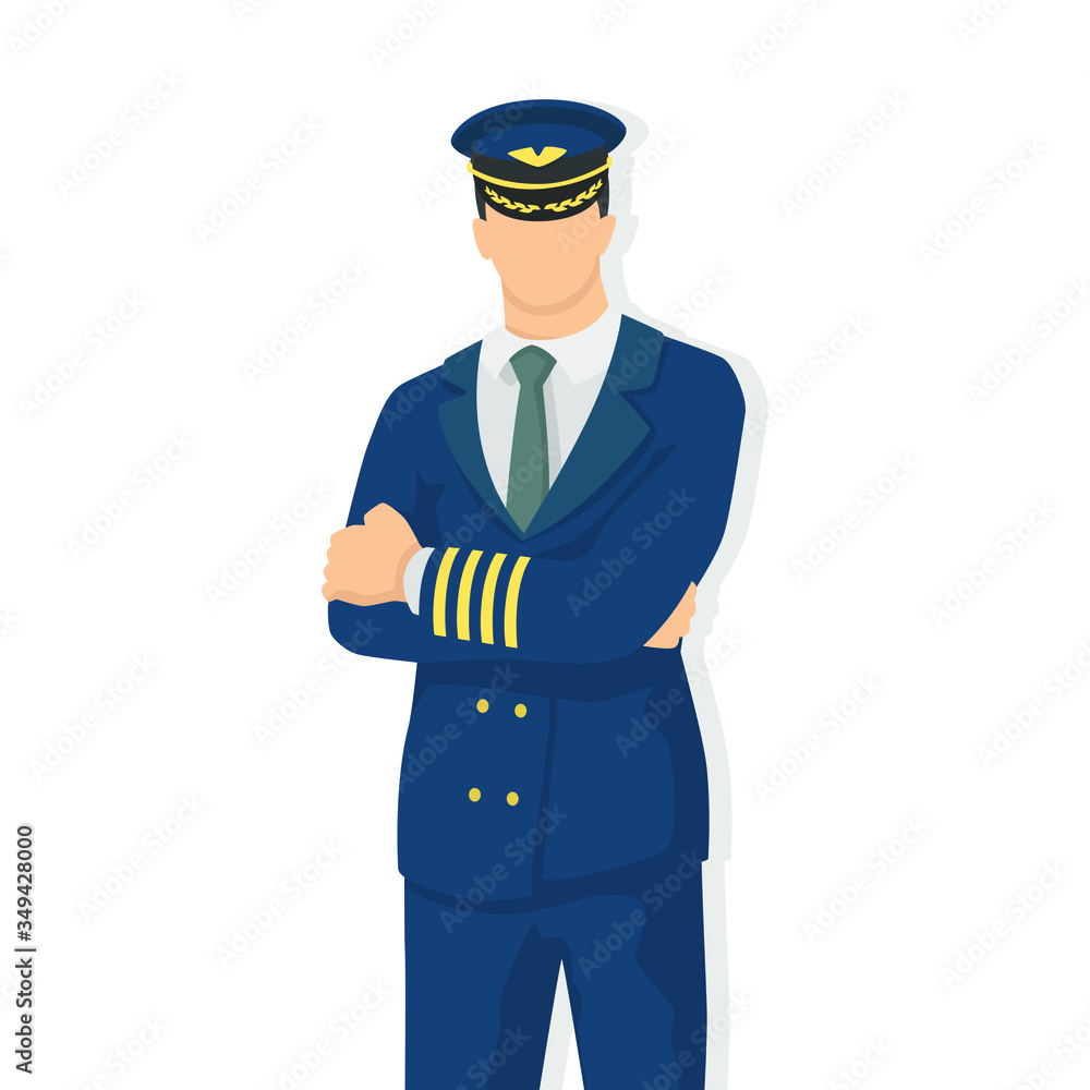 Airplane pilot in modern style vector illustration, man simple flat shadow isolated on white background, captain.