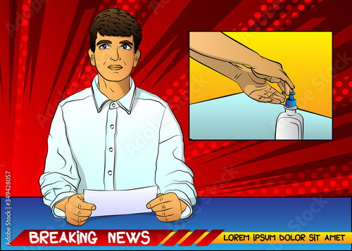 Pop Art anchorman in tv, breaking news, disinfecting hands with sanitizer - comic book style, cartoon vector illustration.