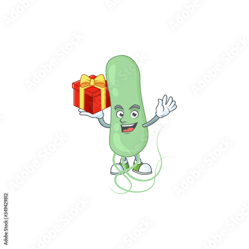 Aquificae cartoon mascot concept design with a red box of gift