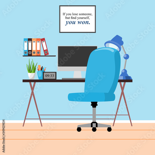Interior of the working room. Vector banner. Design of a cozy room with work desk and decor accessories. Vector illustration about interior