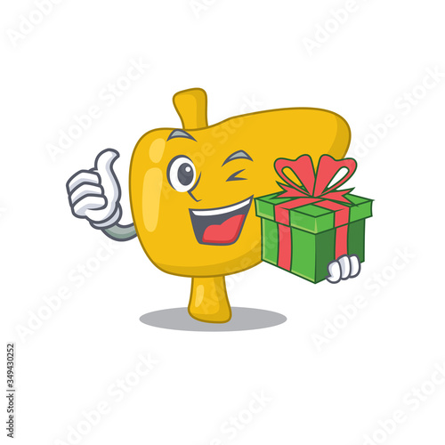 joyful liver cartoon character with a big gift box