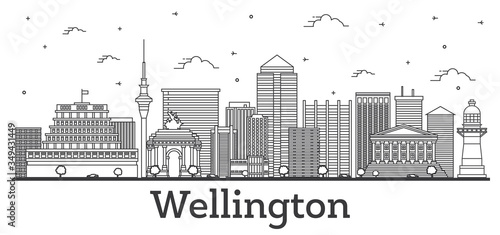 Outline Wellington New Zealand City Skyline with Modern and Historic Buildings Isolated on White.