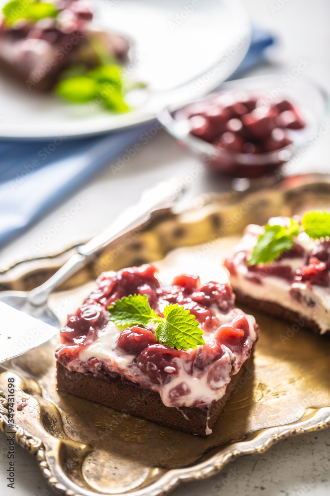 Portrait of a brownie cherry cakes with cream, sour cherries and fresh mint on a vintage tray Portrait of a brownie cherry cakes with cream, sour cherries and fresh mint on a vintage tray