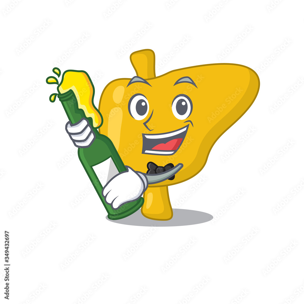 caricature design concept of liver cheers with bottle of beer caricature design concept of liver cheers with bottle of beer
