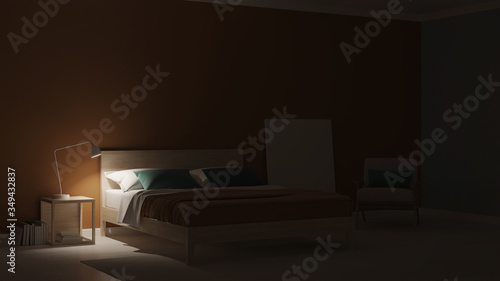 Modern bedroom interior with blue walls. Night. Evening lighting. 3D rendering. © artemp1