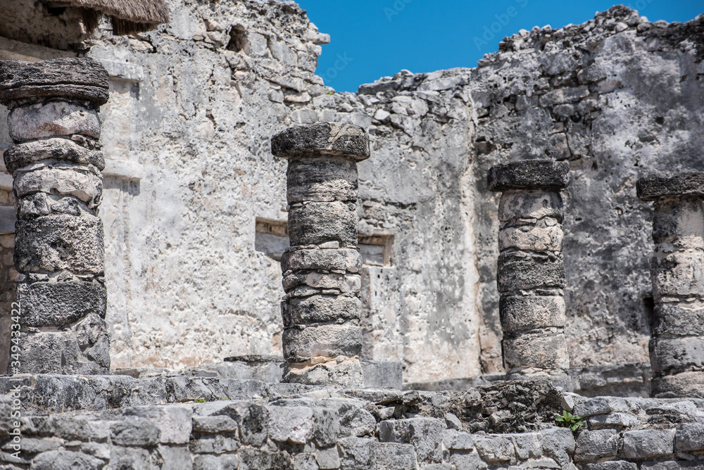 close up of pyramid temple in Tulum, Mayan culture prehispanic ruins, archaeological site in Mexico
