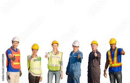 Success Teamwork Concept, Business people engineer and worker team with clipping path smiling with giving thumbs up on white background