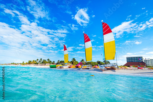 Canvas Print sailing multicolored catamarans is parked on the white sand on the seashore against the backdrop of beautiful tropical nature
