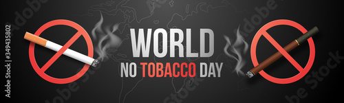 World no tobacco day banner. Stop smoking concept, burning cigarette in prohibition symbol. Vector illustration.
