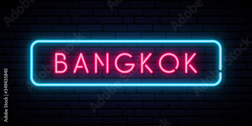 Bangkok neon sign. Bright light signboard. Vector banner.