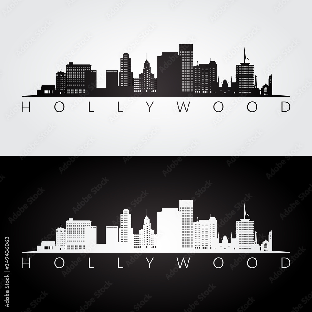 Hollywood, California skyline and landmarks silhouette, black and white design, vector illustration.