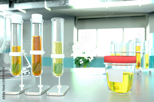 Urine sample test for covid-2019 or protein in urine proteinuria - laboratory test-tubes in modern biochemistry office, medical 3D illustration photo
