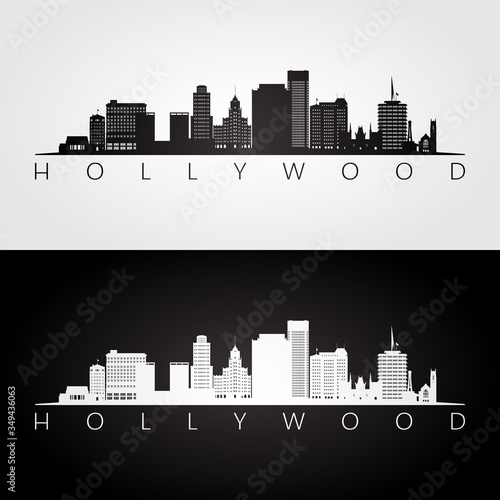 Hollywood, California skyline and landmarks silhouette, black and white design, vector illustration.