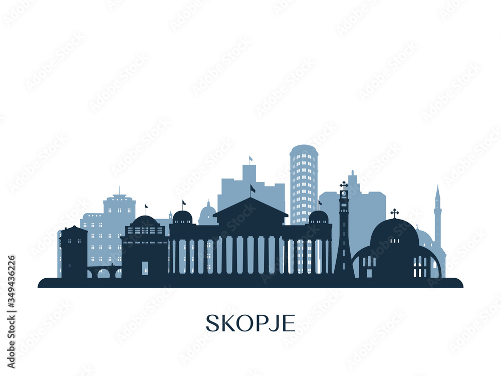 Naklejka premium Skopje skyline, monochrome silhouette. Vector illustration.