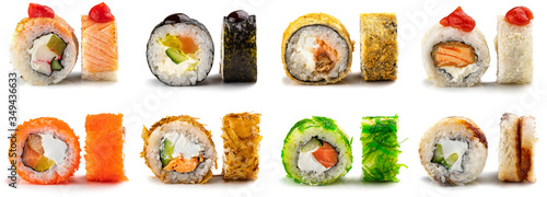 Collection of single sushi rolls isolated on white background for menu. Set Sushi maki. Japanese food