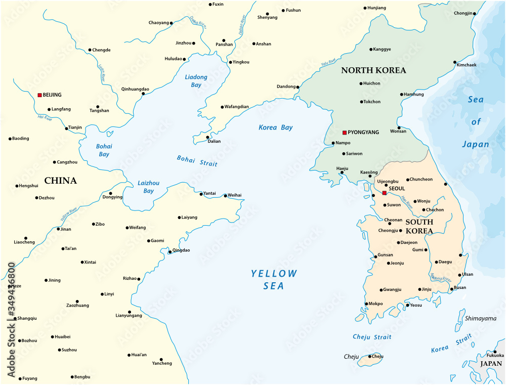 Vector map of the yellow sea between China, North Korea and South Korea