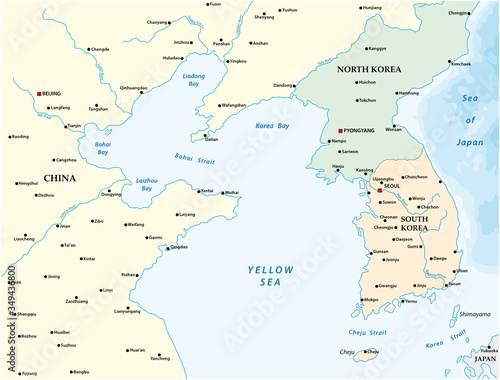 Vector map of the yellow sea between China, North Korea and South Korea