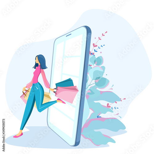 The girl is engaged in shopping online, runs out of the phone with purchases. Shopping during a pandemic. Go shopping at home. Quarantine due to coronavirus.