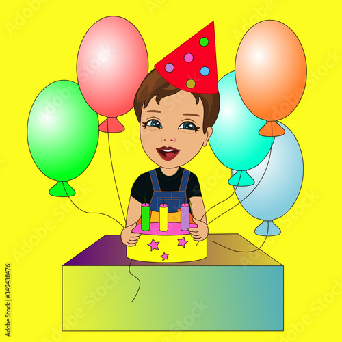 boy in a birthday cap sitting at a table on which stands a cake with candles, smiling and holding colorful balloons in his hands, vector emoticon