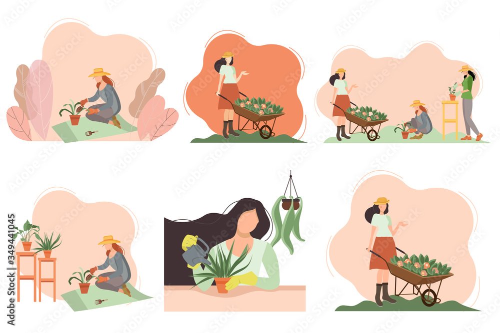 Obraz premium Seth women in the garden. Gardening. Gardener with a cart and flowers, grows indoor plants, plants flowers in the garden.