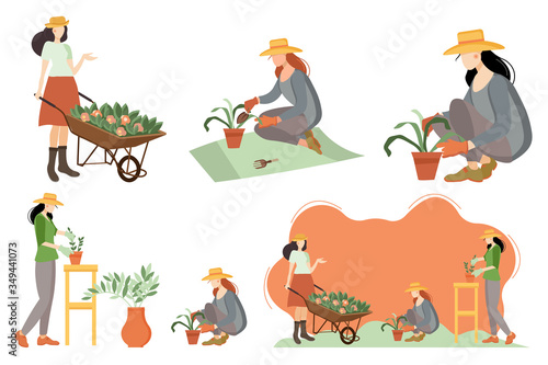 Seth women in the garden. Gardening. Gardener with a cart and flowers, grows indoor plants, plants flowers in the garden.