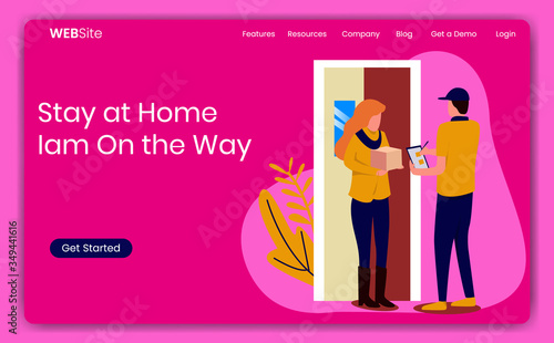 Deliverers at the door of the house deliver package boxes to woman at home. Modern flat style vector illustration design with a white background for a website or landing page
